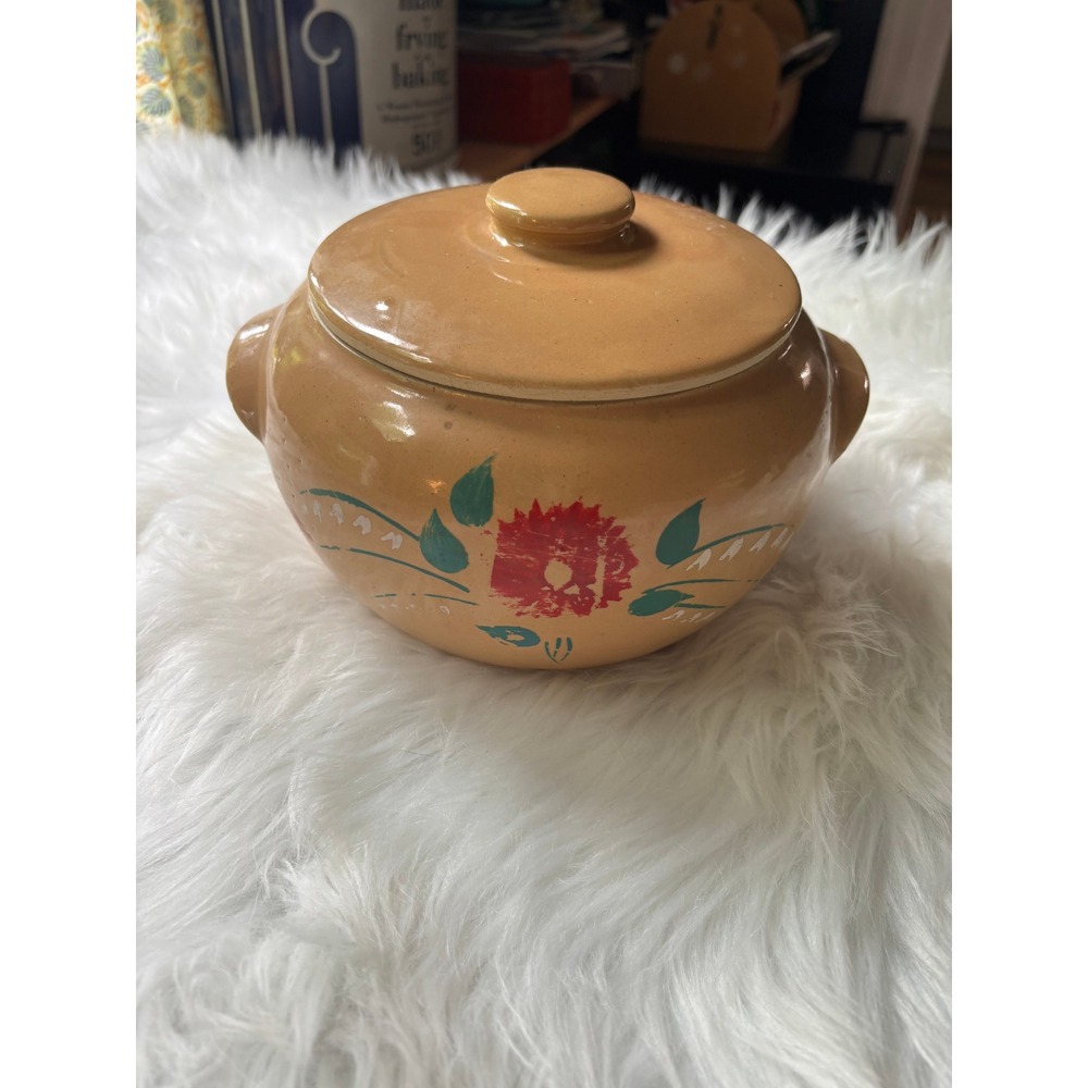 Vintage USA Stoneware Bean Pot Lidded Crock Tan Red Floral Hand‎ Painted